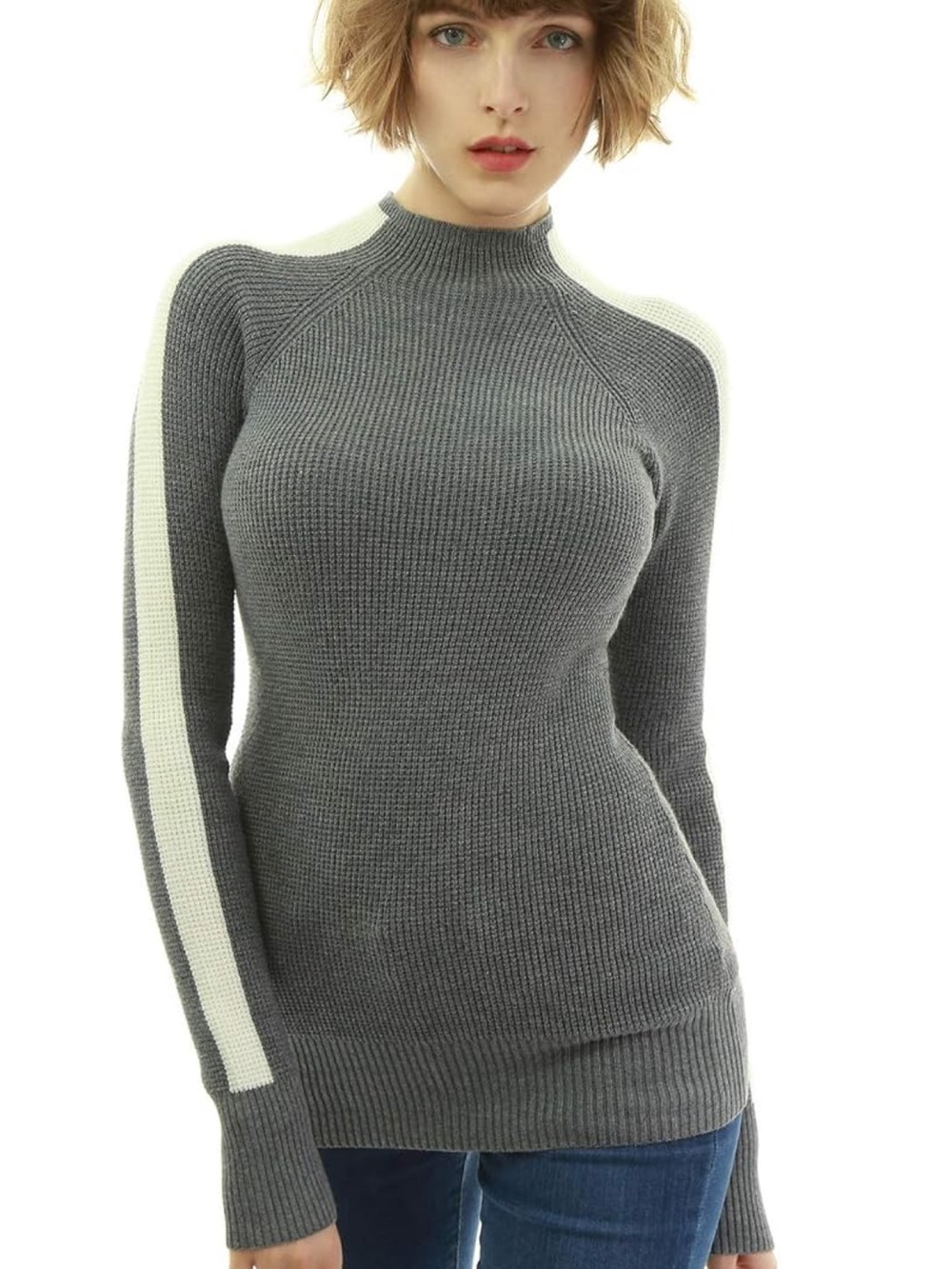 Gray Mock Neck Raglan Long Sleeve Stripe Sweater